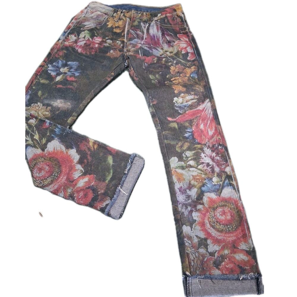 mnml Men's Floral Print Straight Denim Jeans Multicolor Cotton Button Fly 29x30